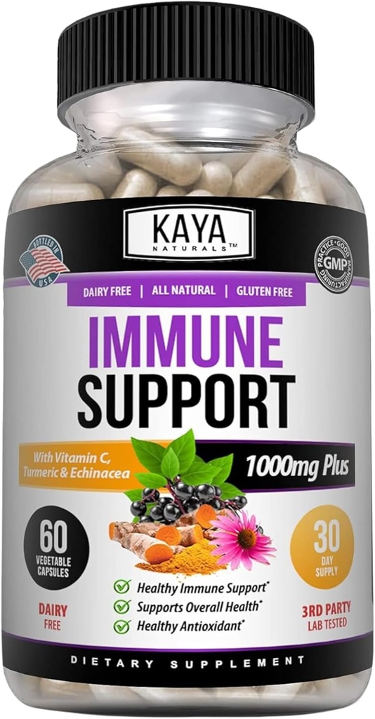 Kaya Naturals Elderberry Immune Support, Elderberry with Zinc and Vitamin C for Adults Vitamins, Probiotics & Turmeric 1000mg Immune System Booster Sambucus Capsules - 60 Count
