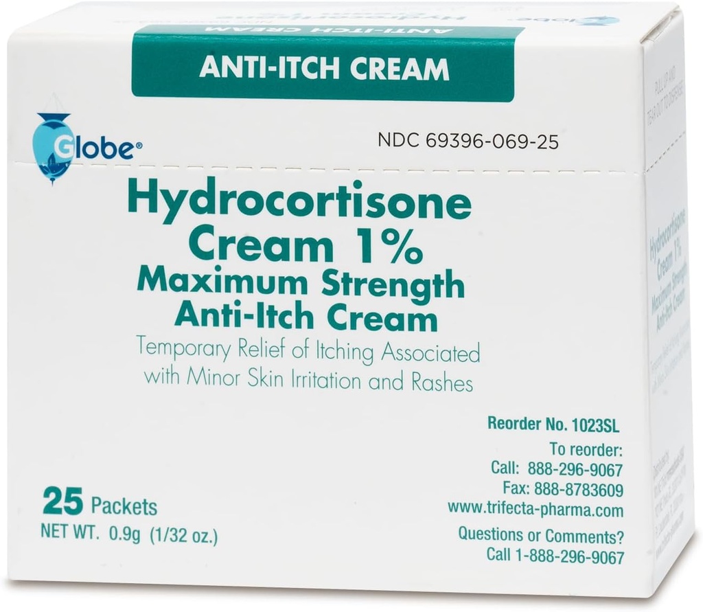 Globe (Box 25 Hydrocortisone 1% Maximum Strength Cream, (0,9g Packet) Anti-Itch Cream for Redness, Swelling, Iching, Rash, Bug Bites, Eczema, More
