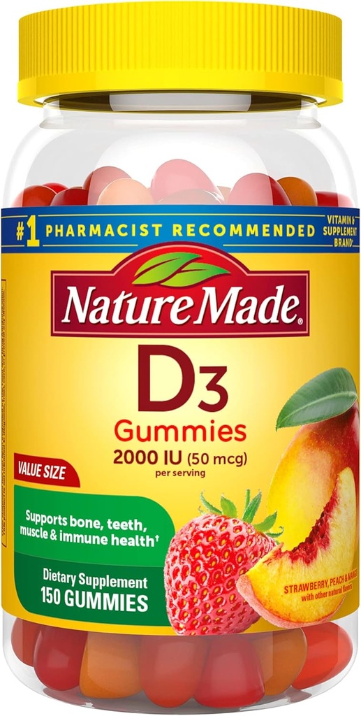 Nature Made Vitamin D3, 150 Gummies, Vitamin D 2000 IU (50 mcg), Vitamin D Gummies Για Ενήλικες Βοηθά στην υποστήριξη της ανοσοποιητικής υγείας, των ισχυρών οστών και των δοντιών, & λειτουργία μυών, 250% της ημερήσιας αξίας για βιταμίνη D
