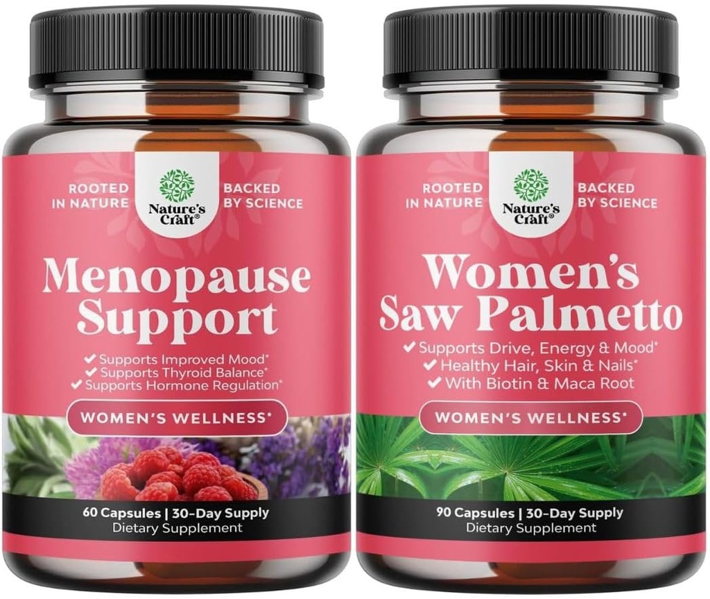 Bundle of Menopause Supplement for Night Sweats, Hot Flashes & Mood Swings with Dong Quai, Chaste Berry & Black Cohosh Root and Saw Palmetto for Women 500mg DHT Blocker with Maca Root & Biotin