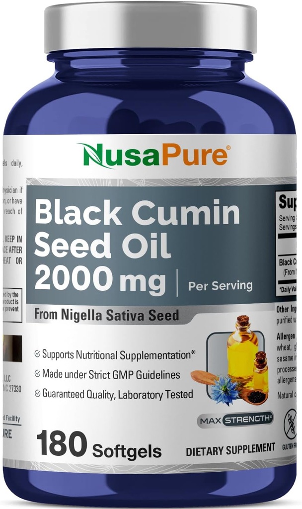 NusaPure Black Seed Oil 2000mg ανά σερβίροντας - 180 Softgel Caps (Non-GMO, Gluten-free) Ψυχρό-Pressed Nigella Sativa