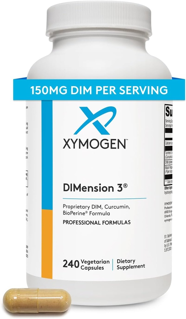 XYMOGEN Dimension 3 - Diindolylmethane DIM συμπλήρωμα με κουρκουμίνη + BioPerine - Υποστηρίζει υγιή οιστρογόνο Detox, ορμονική ισορροπία για γυναίκες και άνδρες - Εμμηνόπαυση Ανακούφιση + υποστήριξη PMS (240 κάψουλες)