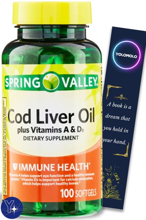 Cod Liver Oil Plus Βιταμίνες A & D3 Ανοσοποιητικό συμπλήρωμα διατροφής Softgels Spring Valley, 100 Count and Bookmark Δώρο YOLOMOLO