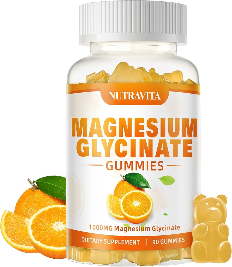 Glycinate Gummys μαγνήσιο 1000mg με L-Θρεονικό μαγνήσιο, Chelated Μαγνήσιο Κάλιο Συμπλέγματος συμπλήρωμα με VitD, B6, CoQ10, Ασβέστιο, Υποστηρίζει για τη μνήμη, την ηρεμία, Mood - 90 Gummies Orange