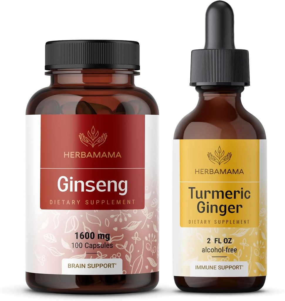 HERBAMAMA Korean Red Ginseng και Turmeric Ginger Kit - Bundle Korean Panax Ginseng Caps & Turmeric Ginger Liquid Drops - Vegan, Μη ΓΤΟ, Ζάχαρη & Αλκοόλ-δωρεάν - 2 Pack