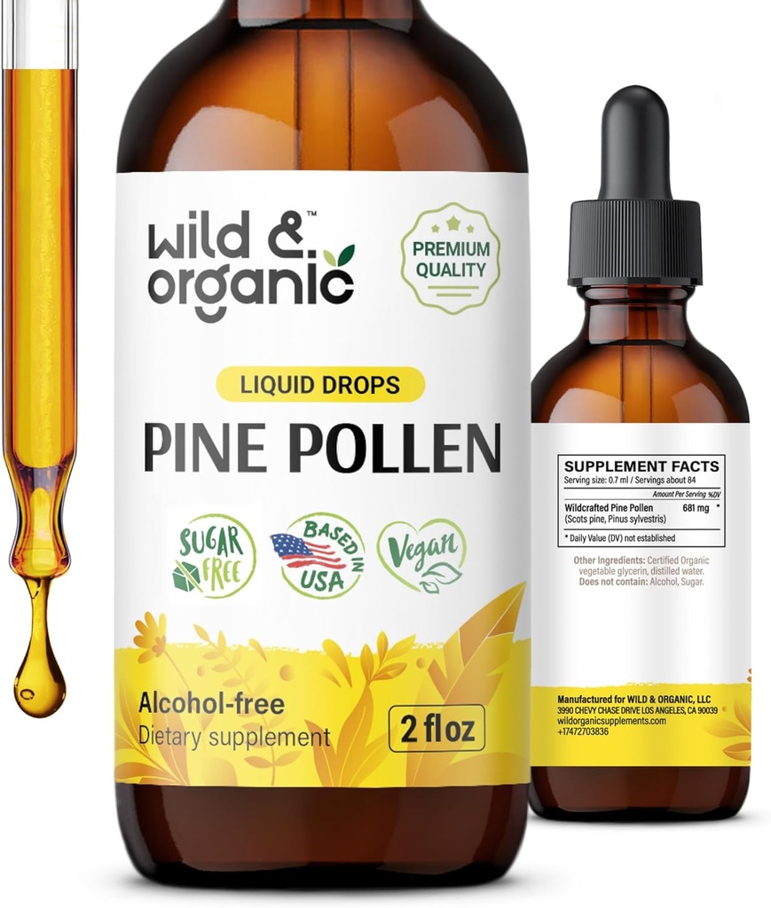 Άγρια & οργανικά Pine Pollen Βάμμα - Αντιοξειδωτικό & Ανοσοποιητική Υποστήριξη - Pine Pollen Extract Drops - Vegan, Ζάχαρη & Αλκοόλ-ελεύθερο συμπλήρωμα υγρού - 2 fl oz