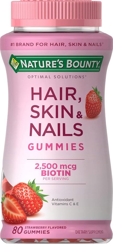 Nature's Bounty Optimal Solutions Μαλλιά, δέρμα & νύχια Βιταμίνη Gummies με Biotin, 2500 mcg, Φράουλα, 80 Count, 40 Σύνολο Υπηρεσίες