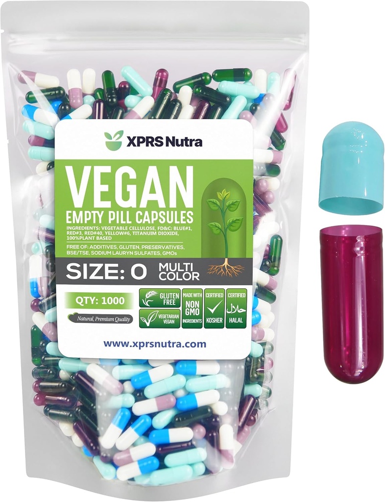 XPRS Nutra Μέγεθος 0 Κενές κάψουλες - 1000 Count Empty Vegan Κάψουλες - χορτοφαγικά χάπια- DIY κάψουλες λαχανικών πλήρωσης- Veggie χάπια για το Do-It-Yourself συμπληρώματα (πολυ χρώμα)
