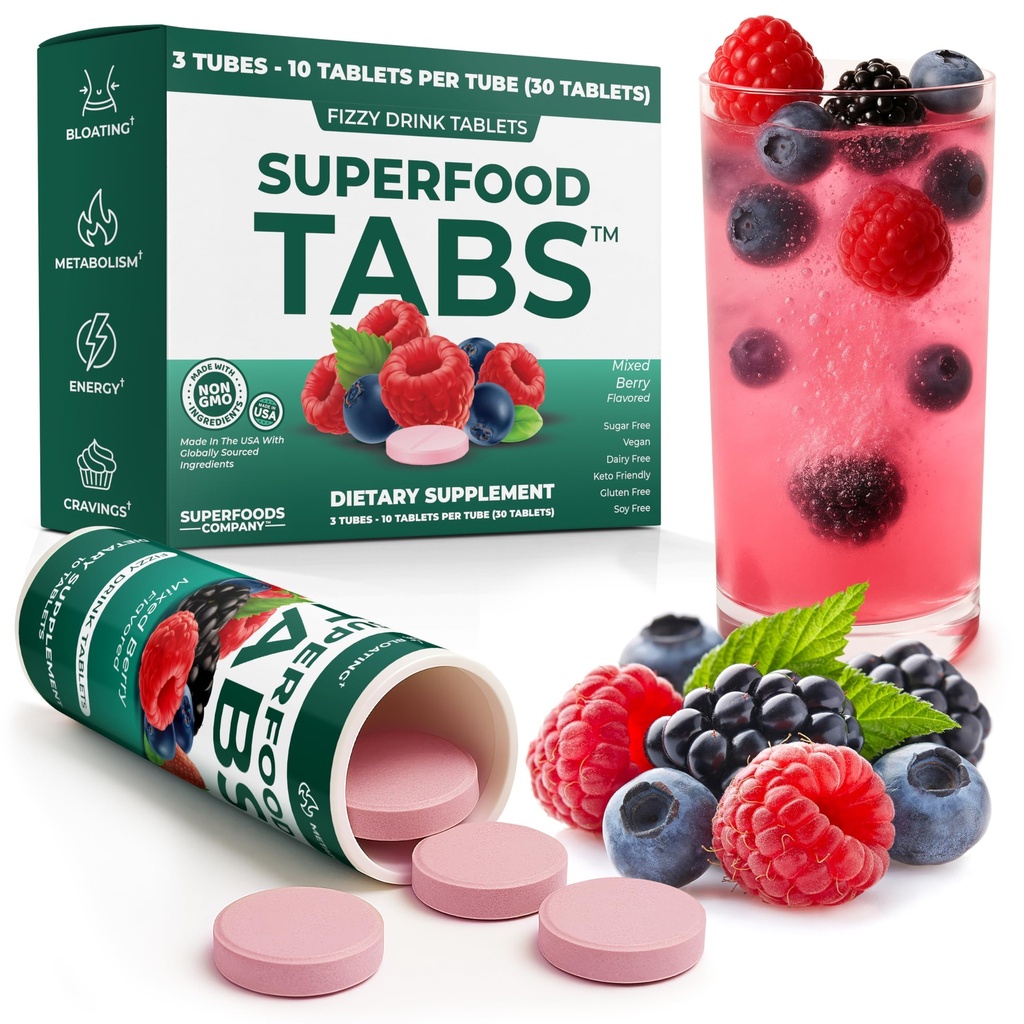 Superfood Tabs Superfoods Company Detox Cleanse Drink - Συμπλήρωμα για γυναίκες & άνδρες- Υποστήριξη Υγιεινού βάρους- Βελτίωση της Digestive Υγείας & Ανακούφιση Μπλοκάρισμα - Μεικτό άρωμα μούρου [30 δισκία]
