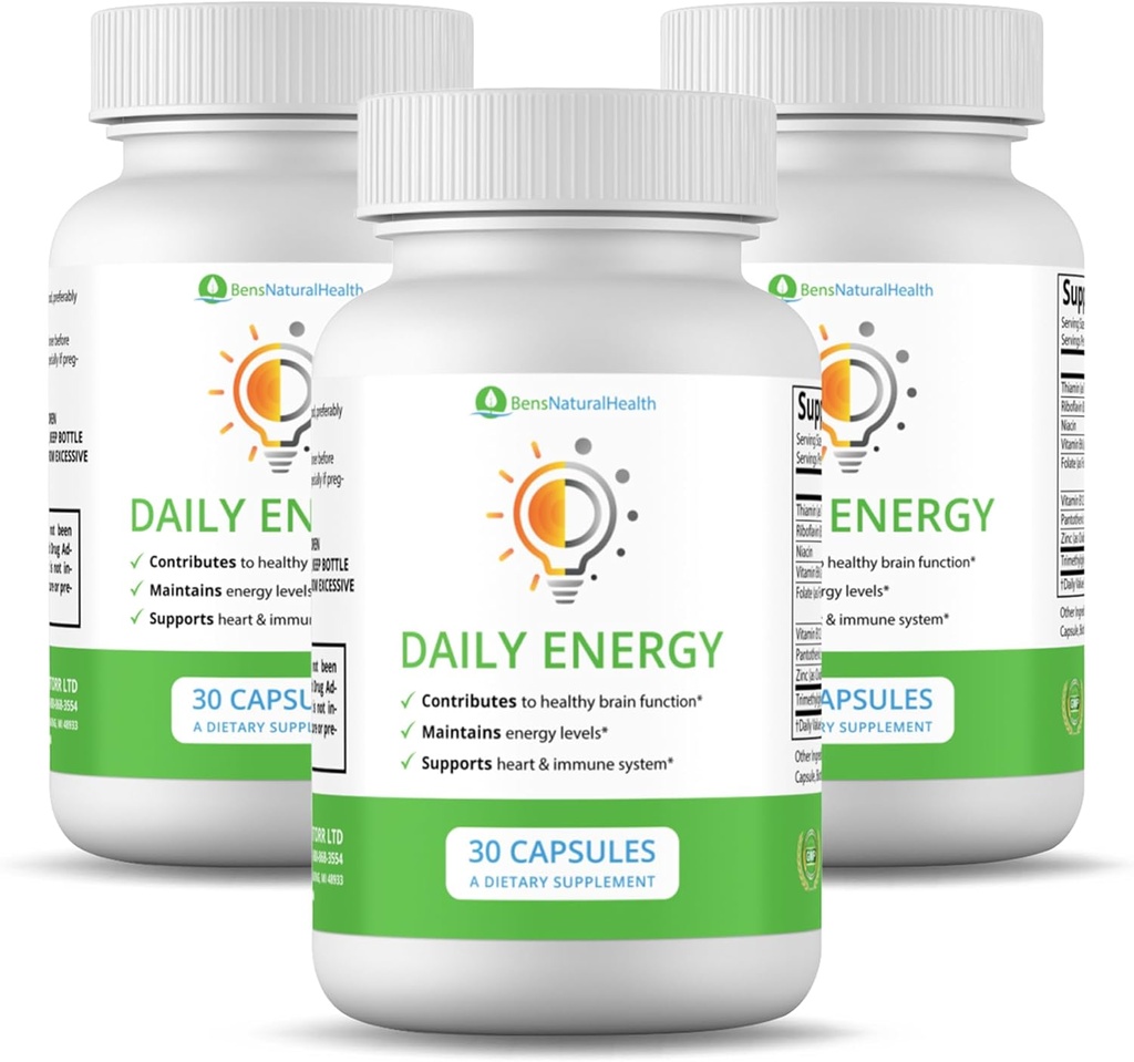Ben's Natural Health Daily Energy B-Vitamin Complex με TMG και ψευδάργυρο για φυσική ενέργεια, άγχος, εστίαση & ανοσοποιητική υποστήριξη, 30 κάψουλες, 3 πακέτα