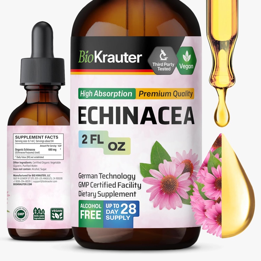 BIO KRAUTER Χρώμα Echinacea - Φυσική Ανοσολογική Υποστήριξη - Συμπλήρωμα Echinacea - Vegan, Αλκοόλ & Ζάχαρη Χωρίς σταγόνες - 2 FL.Oz.