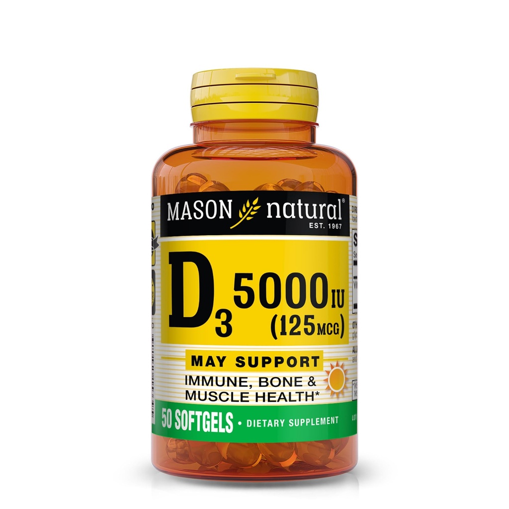 MASON ΦΥΣΙΚΗ Βιταμίνη D3 125 mcg (5000 IU), Υποστηρίζει την υγεία των οστών, των μυών και του ανοσοποιητικού, από ιχθυέλαιο, 50 Softgels, Συσκευασία των 3