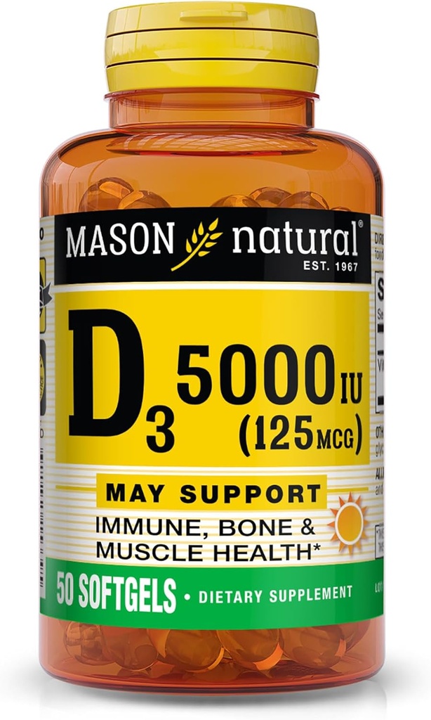 MASON ΦΥΣΙΚΗ Βιταμίνη D3 125 mcg (5000 IU), Υποστηρίζει την υγεία των οστών, των μυών και του ανοσοποιητικού, από ιχθυέλαιο, 50 Softgels, Συσκευασία των 3