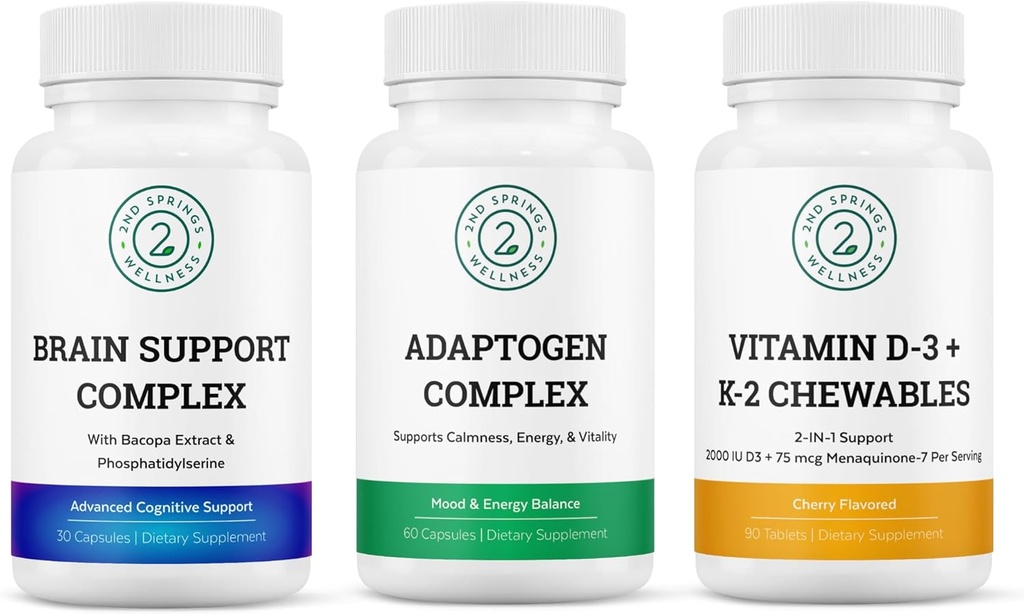 Ζωτικότητα & Ευεξία μυαλού Trio Bundle - Brain Support Complex, Adaptogen Complex, και βιταμίνη D3+K2