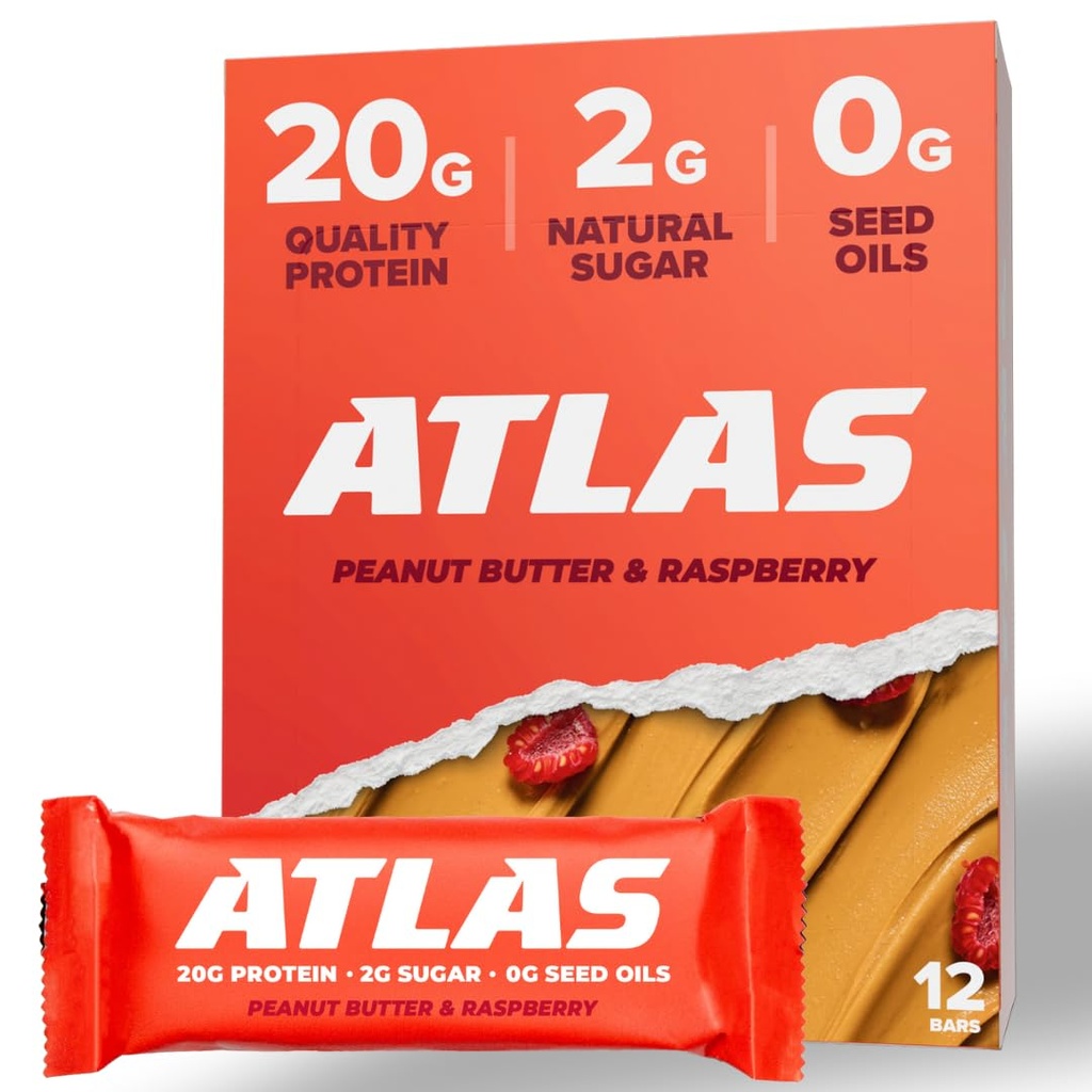 Atlas Protein Bar, 20g Πρωτεΐνη, 1g Ζάχαρη, Καθαρά συστατικά, Χωρίς γλουτένη (Peanut Butter Raspberry, 12 Count (Pack of 1))