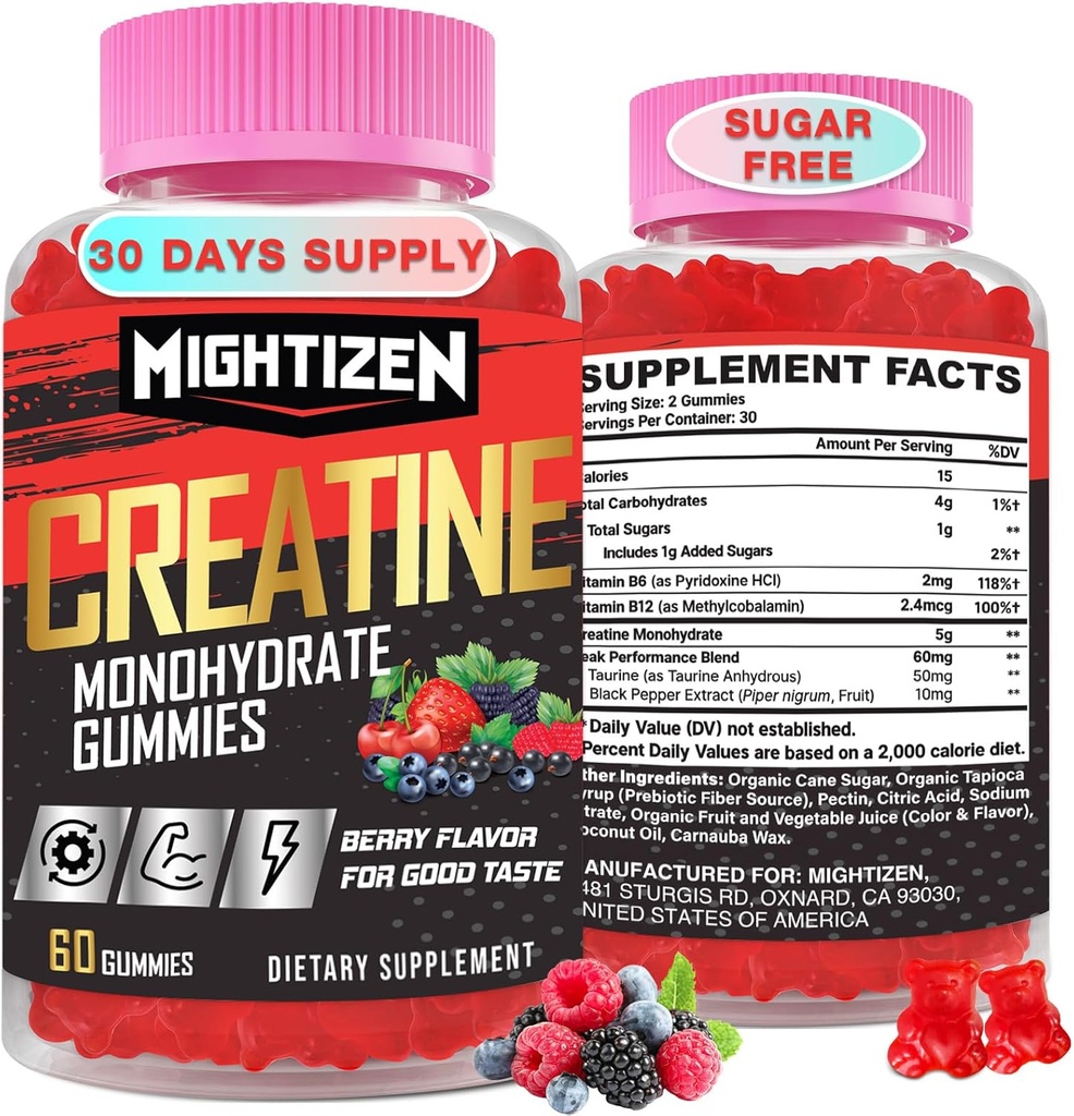 Creatine Monohydrate Gummies for Men & Women, Createine for Women Chewables Creatine Monohydrate with Taurine & Vitamin B12, Pre-Workout Gummies for Max Strength, Energy & Endurance, Berry 60 Counts