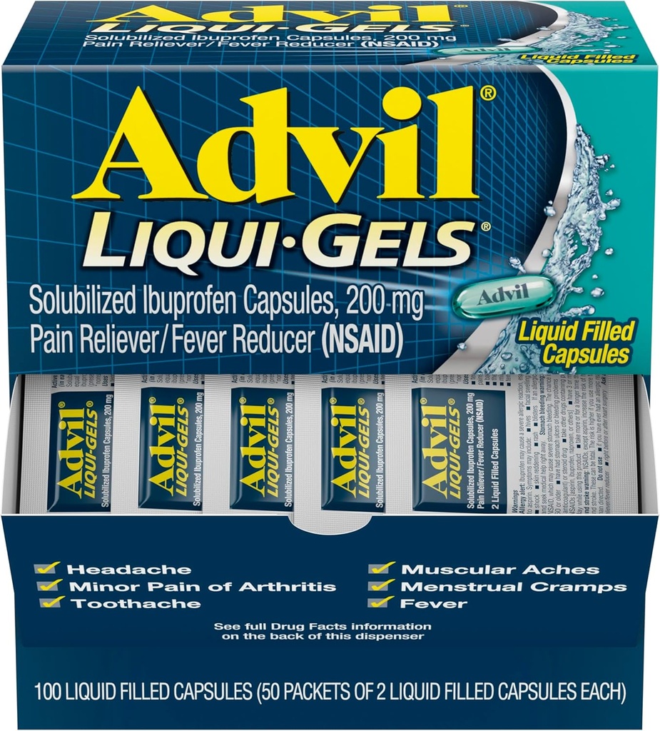 Advil Liqui-Gels Pain Reliever and Fever Reducer, Παυσίπονο για Ενήλικες με Ibuprofen 200mg για Πονοκέφαλο, Πόνος στην πλάτη, Εμμηνόρροια και ανακούφιση από τον πόνο - 50x2 Liquid Filled Capsles