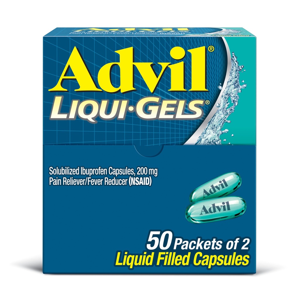 Advil Liqui-Gels Pain Reliever and Fever Reducer, Παυσίπονο για Ενήλικες με Ibuprofen 200mg για Πονοκέφαλο, Πόνος στην πλάτη, Εμμηνόρροια και ανακούφιση από τον πόνο - 50x2 Liquid Filled Capsles