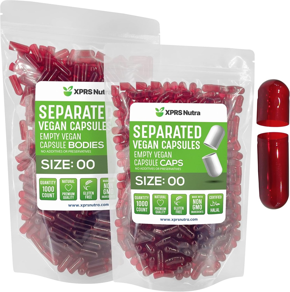XPRS Nutra Vegan Μέγεθος 00 Χωριστές κάψουλες - 1000 Count Premium Κενές κάψουλες χωρίζονται σε τσάντες - 00 Χάπια Κενά για συμπλήρωση συμπληρώματος DIY (Καθαρό κόκκινο)