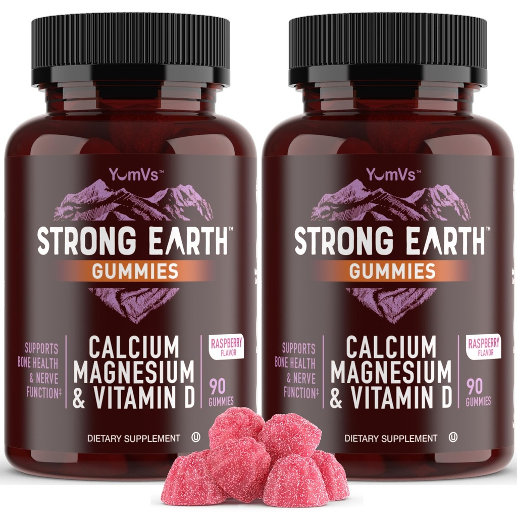 YUM-V'S Strong Earth Calcium, Magnesium, Vitamin D3 Gummies - Vitamin Gummies Calcium Supplement for Strong Bone Health Gummies - Kosher 90 Count (Pack of 2)