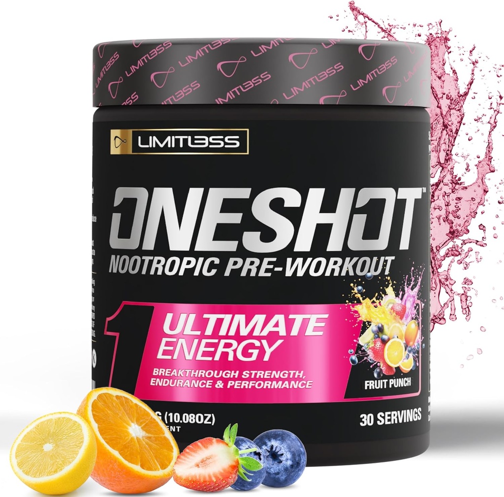 Oneshot Pre Workout Powder for Men and Women - BCAAS Amino Acids συμπλήρωμα σκόνης, 200mg καφεΐνη, Beta Alanine Powder, Citrulline Malate Preworkout Powder - Fruit Punch - 30 Υπηρεσίες