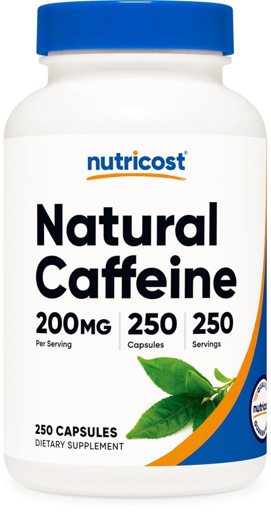 Nutricost Φυσική καφεΐνη 200mg, 250 κάψουλες χορτοφάγων - Χωρίς γλουτένη, μη ΓΤΟ