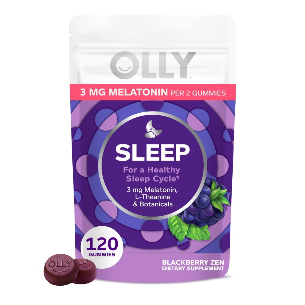 Olly Sleep Gummy, 3 mg μελατονίνη, L-Θεανίνη, Χαμομήλι, και εκχύλισμα βάλσαμου λεμονιού, BlackBerry Flavor, 60 ημέρες προσφοράς - 120 κόμης