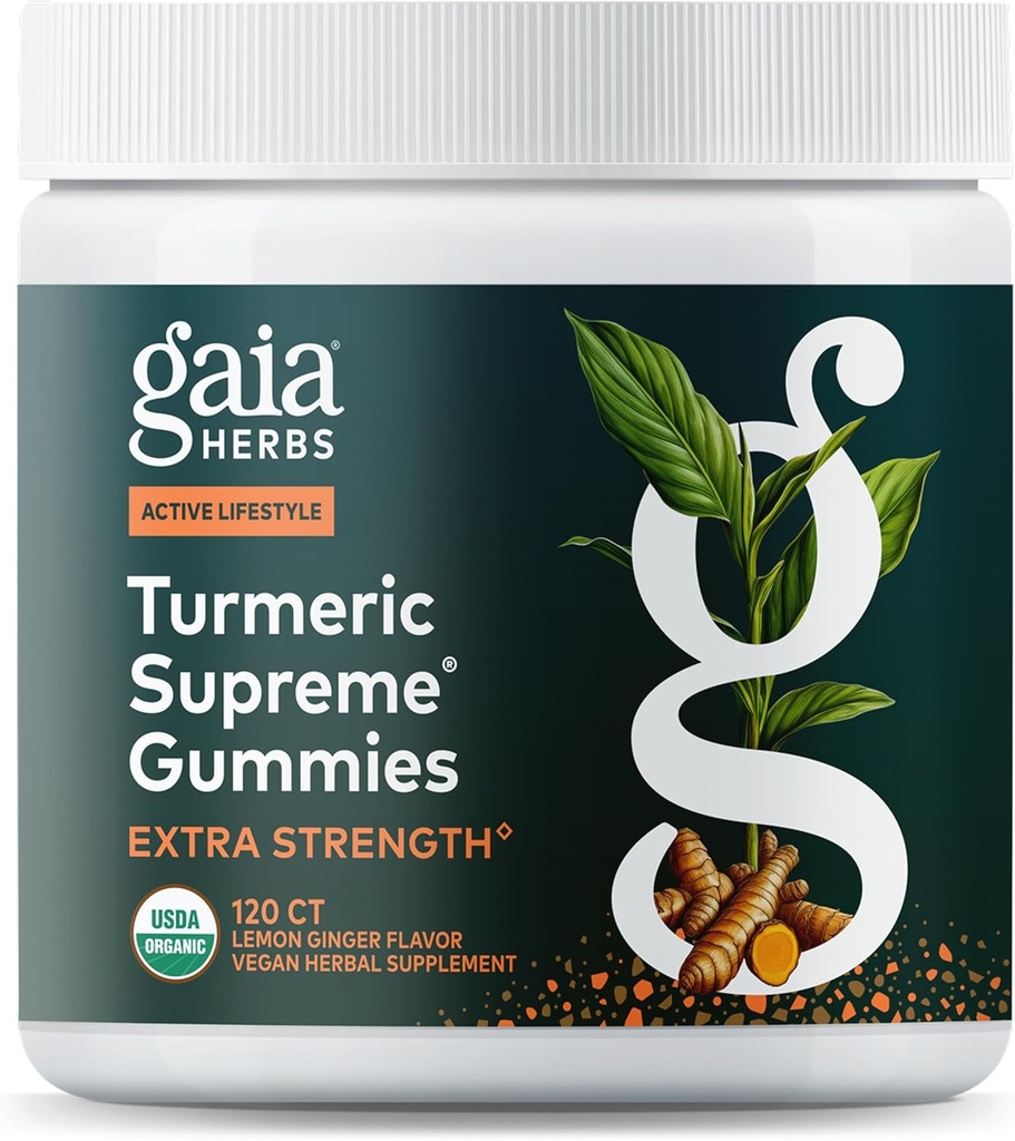 Gaia Herbs Turmeric Supreme Extra Strength Gummies - Υποστηρίζει Οίδημα Ανακούφιση για να βοηθήσει τη διατήρηση ενός ενεργού τρόπου ζωής - Lemon Ginger Γεύση - 120 Vegan Organic Gummies (40-Day Supply)