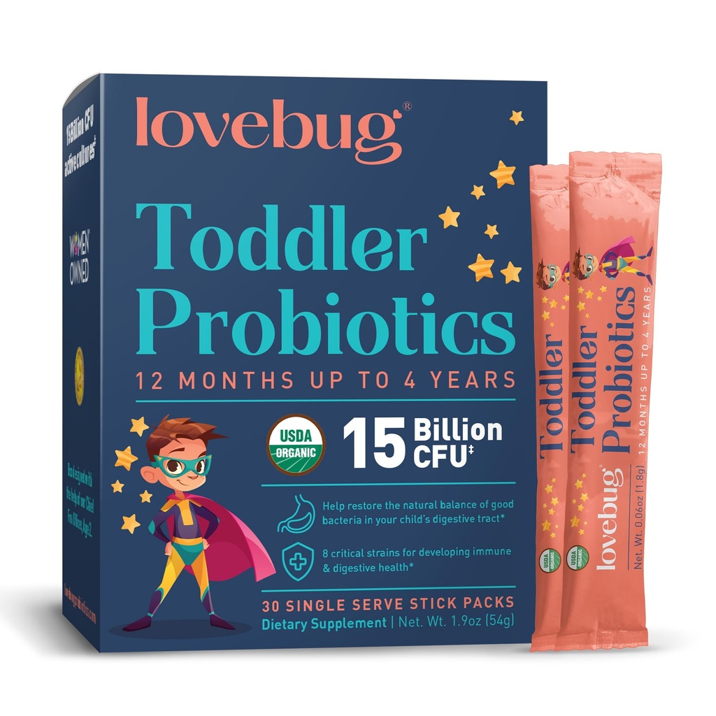 Lovebug Kids Probiotic Powder with Prebiotic Fiber - Toddler Immunity Relief & Constipation Relief - USDA Organic Probiotics for Childrens Gut & Digestive Health (Ages 1-4) - 30 Pack (Unflaved)