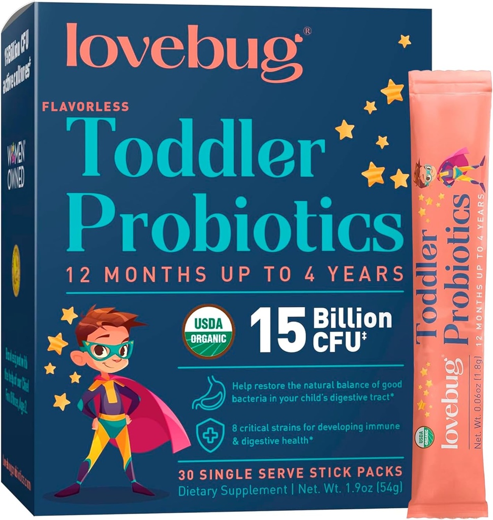 Lovebug Kids Probiotic Powder with Prebiotic Fiber - Toddler Immunity Relief & Constipation Relief - USDA Organic Probiotics for Childrens Gut & Digestive Health (Ages 1-4) - 30 Pack (Unflaved)