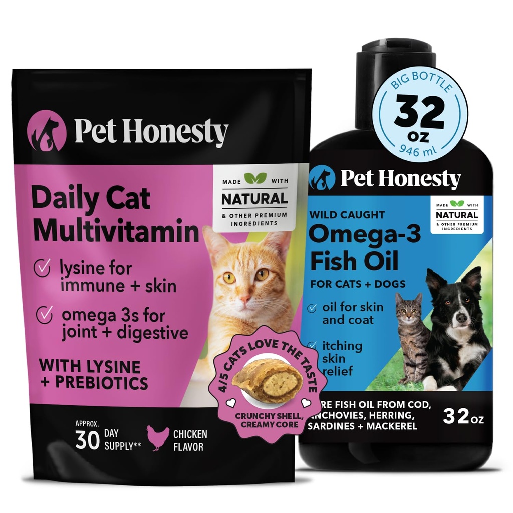 Cat Multivitamin Chews + Omega 3 Fish Oil συμπλήρωμα για σκύλους & γάτες - Cat Treats για την υγεία, ανοσοποιητικό, κοινή υποστήριξη, δέρμα & παλτό, πέψη, και γενική ευεξία 