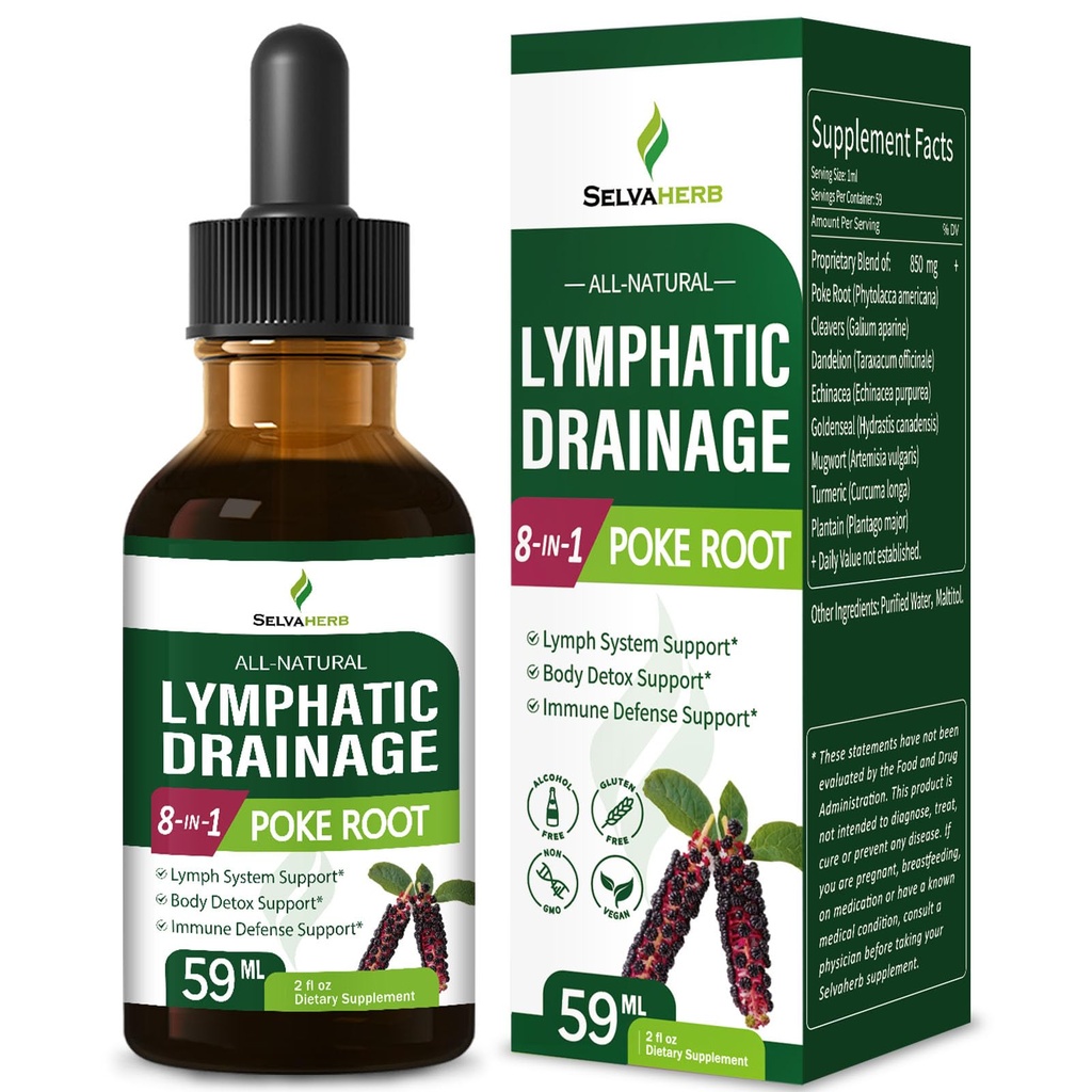 Lympphatic Drainage Herb Poke Root Drops για Lymph System Support, 8-in-1 Βελτιστοποιημένη φυτική φόρμουλα συμπλήρωμα Βάμμα για το σώμα Detox & Immune Support w/Cleavers Echinacea Extract.