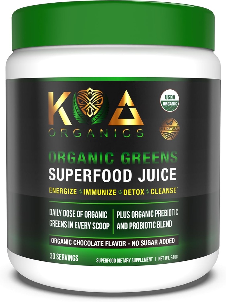 Πράσινα Superfood Juice Powder - USDA Organic Super Greens Powder με Spirulina, Chlorella, Matcha, Wheat Grass, Digestive Enzymes & Probiotics - Σοκολάτα Γεύση -30 Serv
