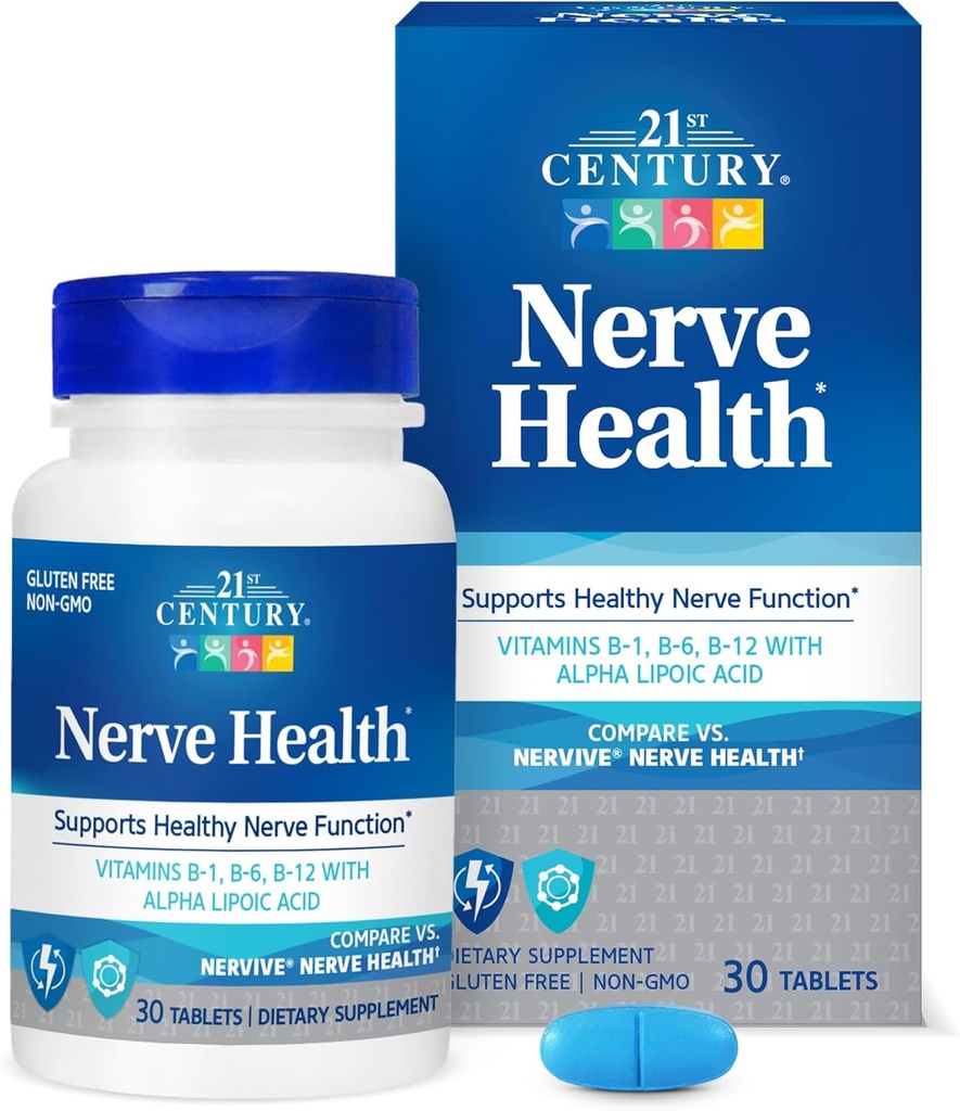 21st Century Nerve Health Tablets (30 Count), Alpha Lipoic Acid 300mg, B1, B6, & B12 Βιταμίνες για υποστήριξη λειτουργίας Nerve, συμπλήρωμα ALA αντιοξειδωτικών, χωρίς γλουτένη.
