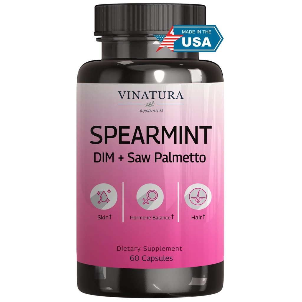 VINATURA Spearmint Leaf Capsules Supplement - Enhanced with DIM & Saw Palmetto, for Unwanted Hair, Women' Health & Skin *USA Made & Tested* - 1380mg/serving, 60 κάψουλες (30 services)
