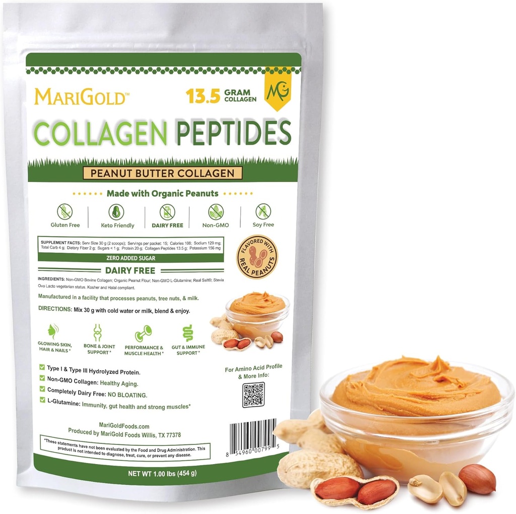 MariGold Grass-fed Collagen Peptides σκόνη φυστικοβούτυρο 1LB - 100% καθαρό, τύπου I & III Βοοειδή υδρολυμένο κολλαγόνο, μη GMO, ορμονών δωρεάν, χωρίς σόγια, χωρίς γλουτένη, χωρίς γαλακτοκομικά, Κετο-φιλικά