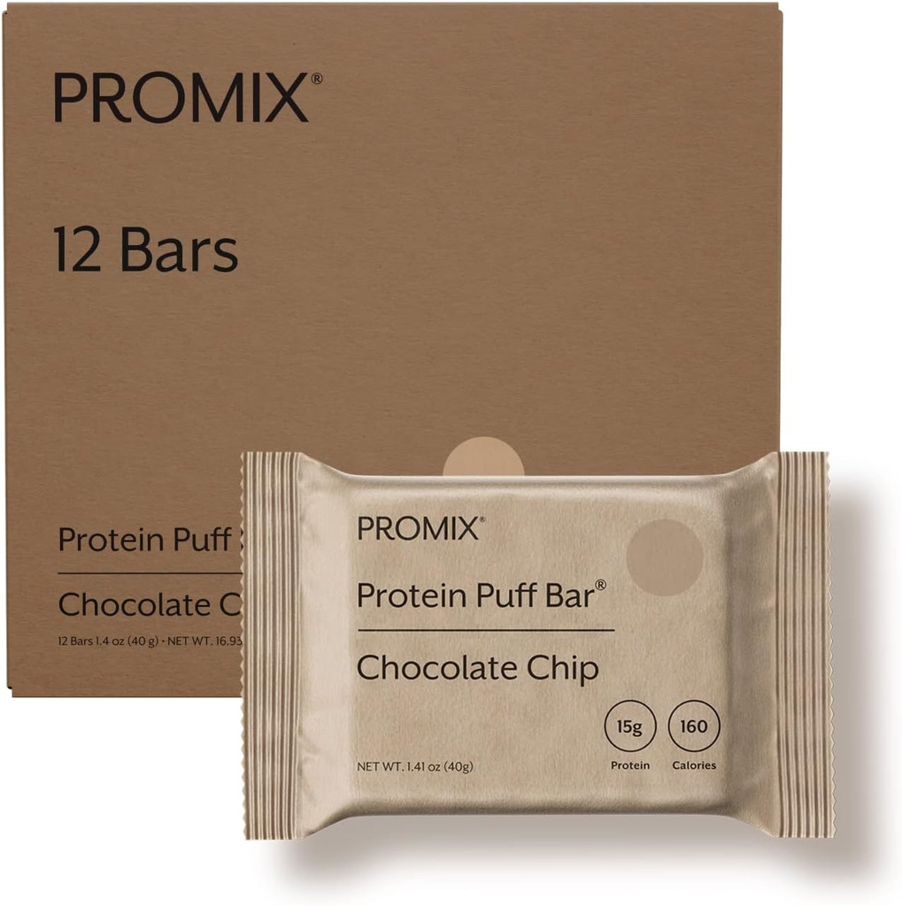 ProMix Pro Nutrition Protein Puff Bars, 12-Pack - Chocolate Chip - Marshmallow Crispy Treat - Great Tasting & Healthy On The Go Snack - Υψηλή πρωτεΐνη & χαμηλή θερμίδες - Μη-GMO & Δωρεάν από γλουτένη, σόγια, & καλαμπόκι