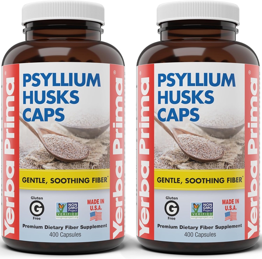 Yerba Prima Psyllium Husks Caps, 625 mg, 400 Capsules (Pack of 2) - Natural Fiber for Men and Women - Regularity Support Supplement