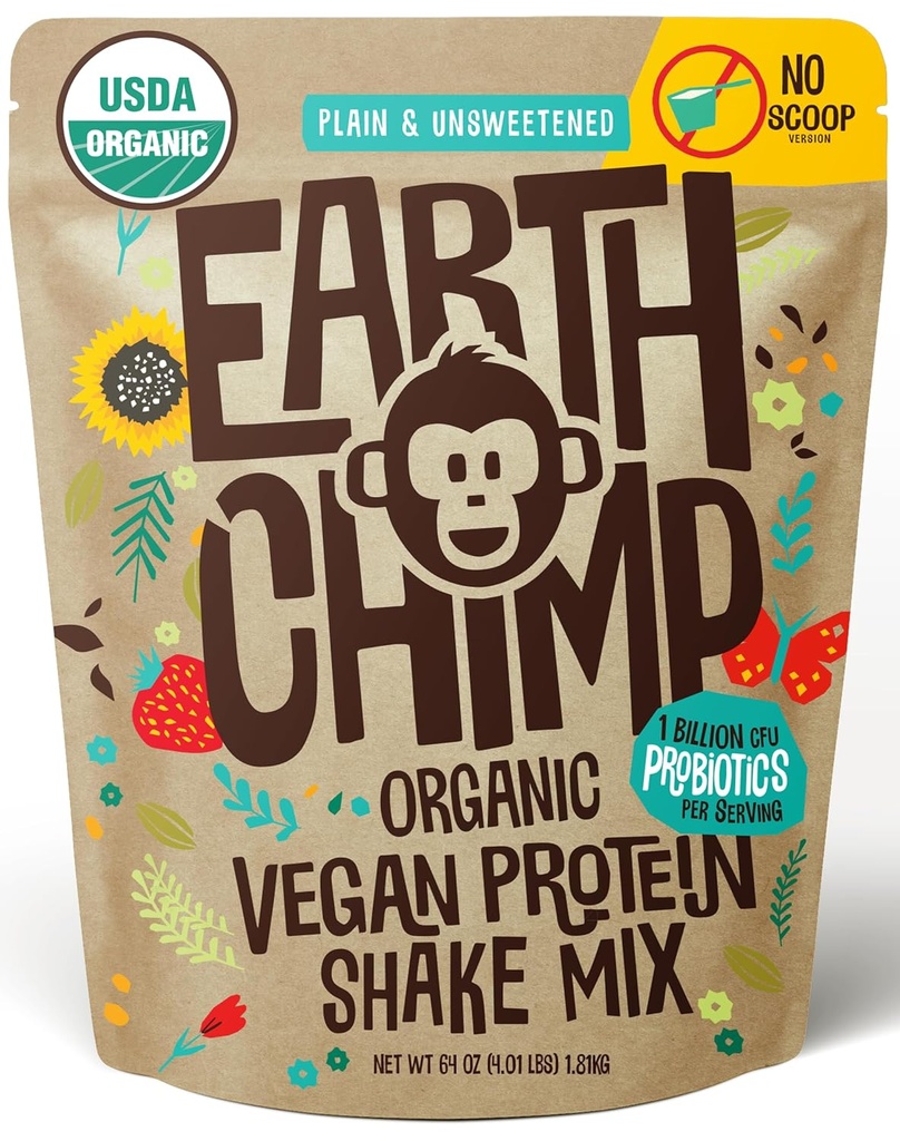 EarthChimp Organic Vegan Protein Powder - Προβιοτικά - Μη ΓΤΟ, Γαλακτοκομικά, Μη Ορός γάλακτος, Πρωτεΐνες με βάση το φυτό Σκόνη για γυναίκες και άνδρες, Χωρίς γλουτένη - 52 Μερίδες 64 Oz (Plain & Uncoweed) No Scoop
