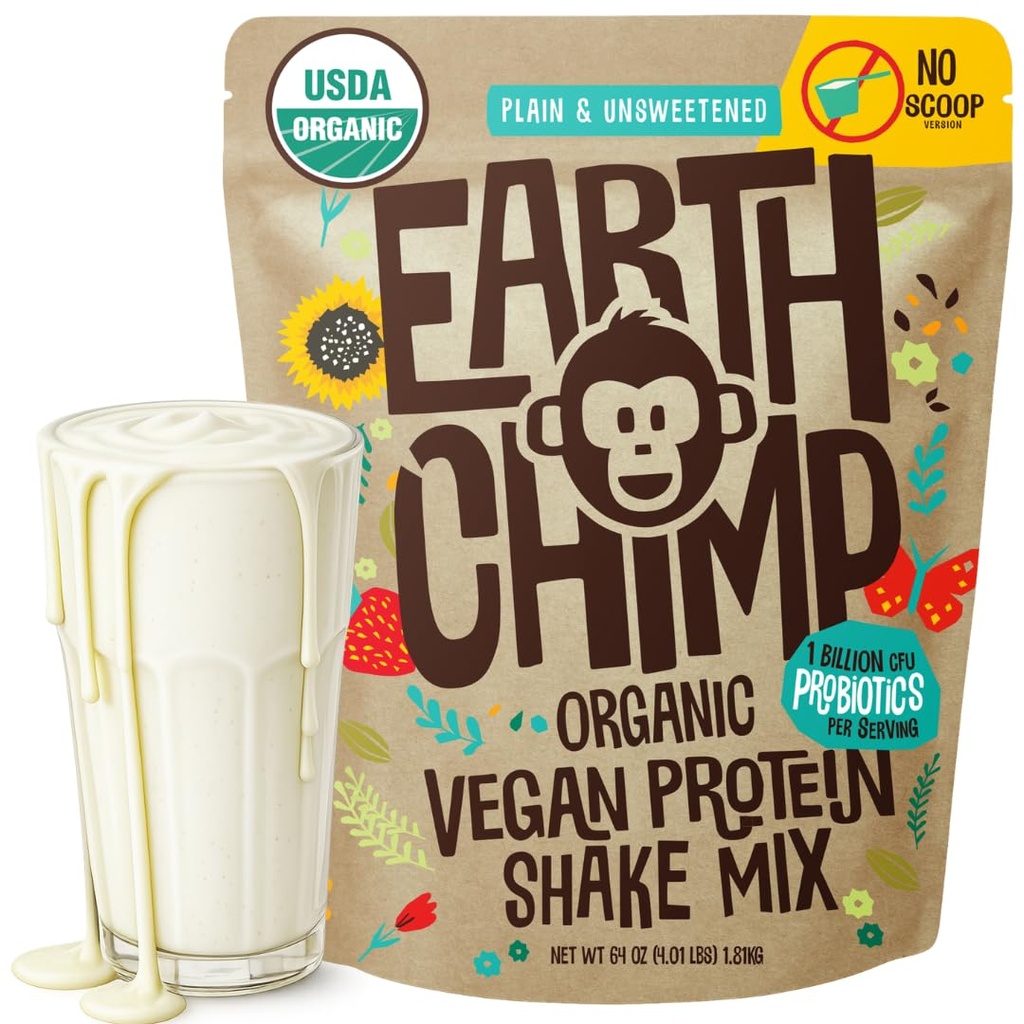 EarthChimp Organic Vegan Protein Powder - Προβιοτικά - Μη ΓΤΟ, Γαλακτοκομικά, Μη Ορός γάλακτος, Πρωτεΐνες με βάση το φυτό Σκόνη για γυναίκες και άνδρες, Χωρίς γλουτένη - 52 Μερίδες 64 Oz (Plain & Uncoweed) No Scoop