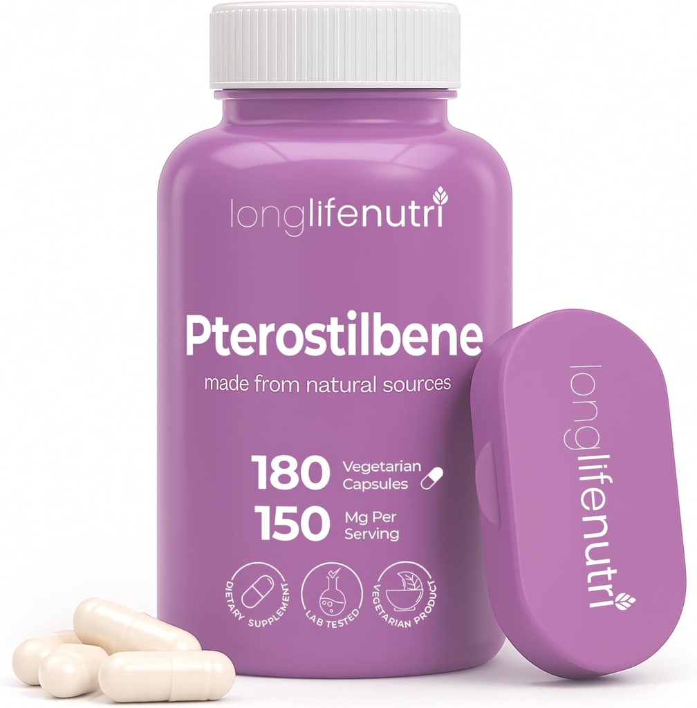 Pterostilbene συμπλήρωμα 150mg, Αυξημένη Κυτταρική Ενέργεια, 180 κάψουλες Vegan, 3μηνη προμήθεια, καθαρό βιολογικό εκχύλισμα Pterostilbene, Κατασκευασμένο στις ΗΠΑ, μη ΓΤΟ, Καθαρή ετικέτα, Easy Swallow Αντιοξειδωτική υποστήριξη