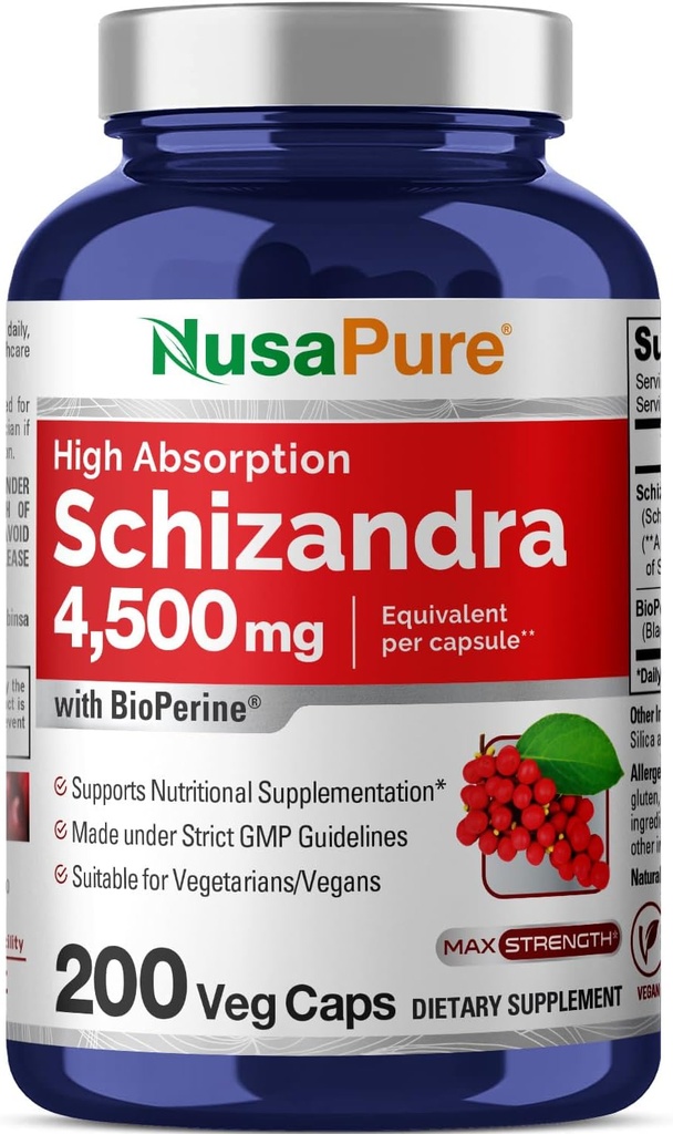 NusaPure Schizandra Berries 20:1 Extract, 225 mg Ισοδύναμο με 4500 mg, 200 κάψουλες Vegan (Non-GMO, Bioperine)