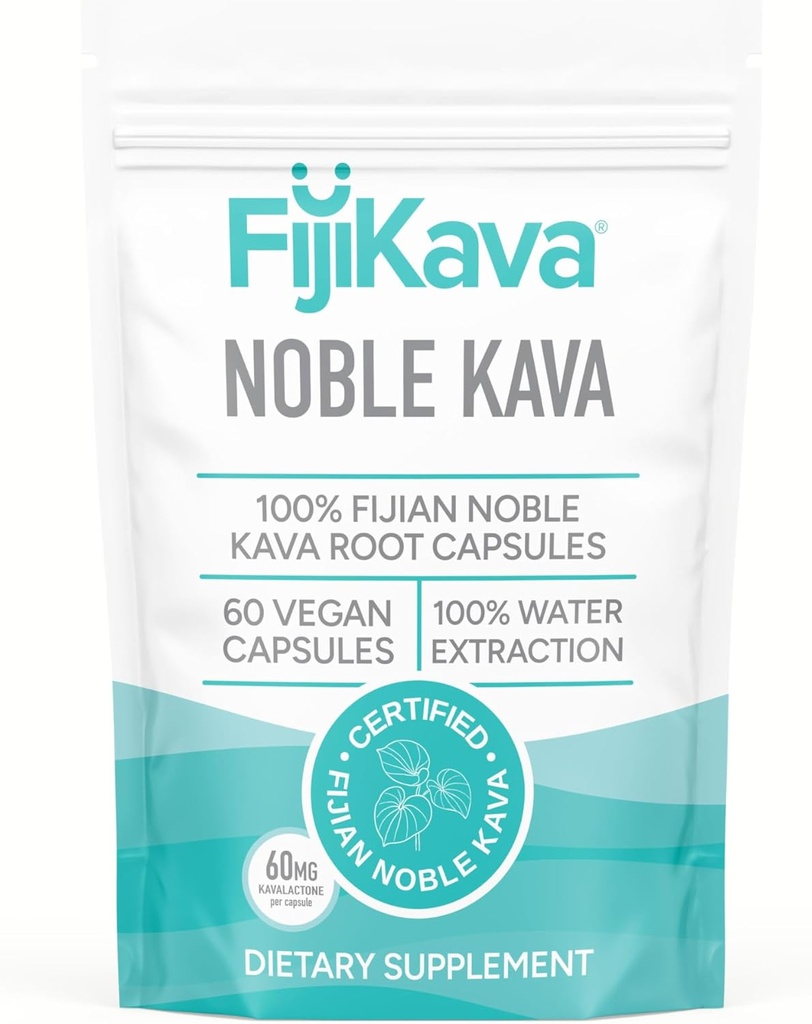 FijiKava Noble Kava Kava Capsules, 600mg Kavalactones Per Serving, Natural Relaxation & Sleep Support Supplement, Vegan & Non-GMO, 60-Count, Premium Piper Methysticum Extract for Calm & Stress Relief