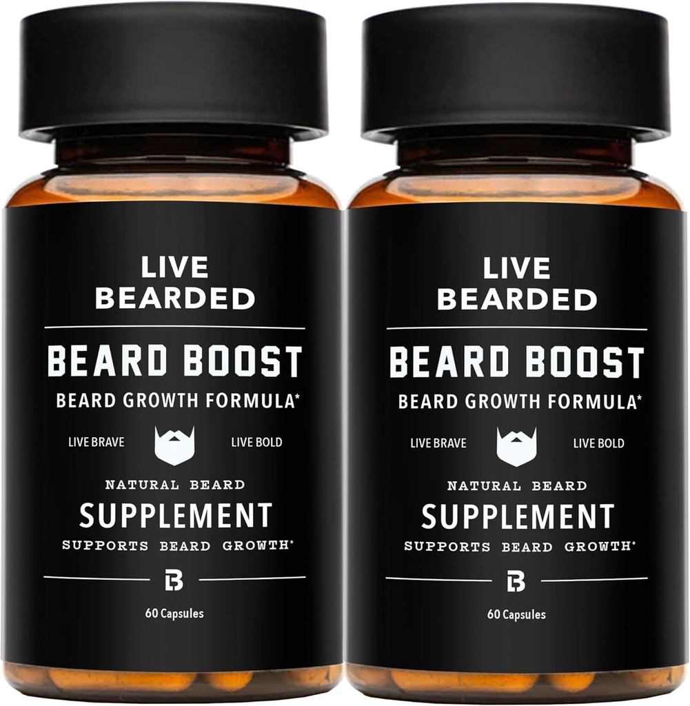 Live Bearded Beard Boost - Γενετικές βιταμίνες ανάπτυξης για τους άνδρες με Biotin, Collagen, Silica, Fo-Ti Root - Ανάπτυξη μαλλιών προσώπου για τους άνδρες, Made in The USA 60-Day Supply