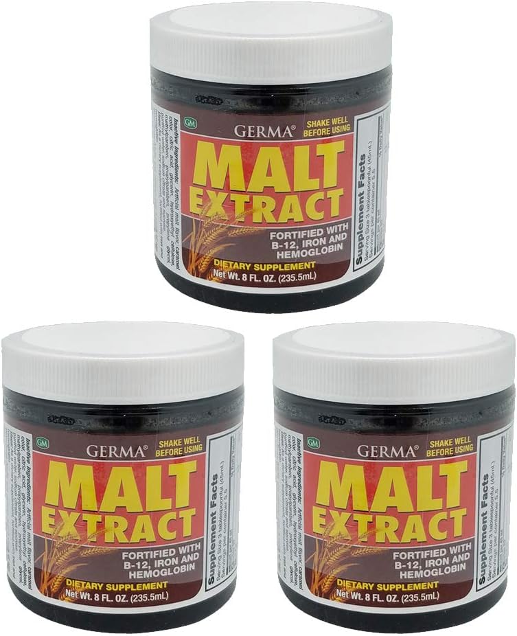 Germa Malt Extract. Dietary Supplement. Fortified with Vitamin B12, Iron and Hemoglobin. High in Antioxidants. 8 fl.oz. Pack of 3.