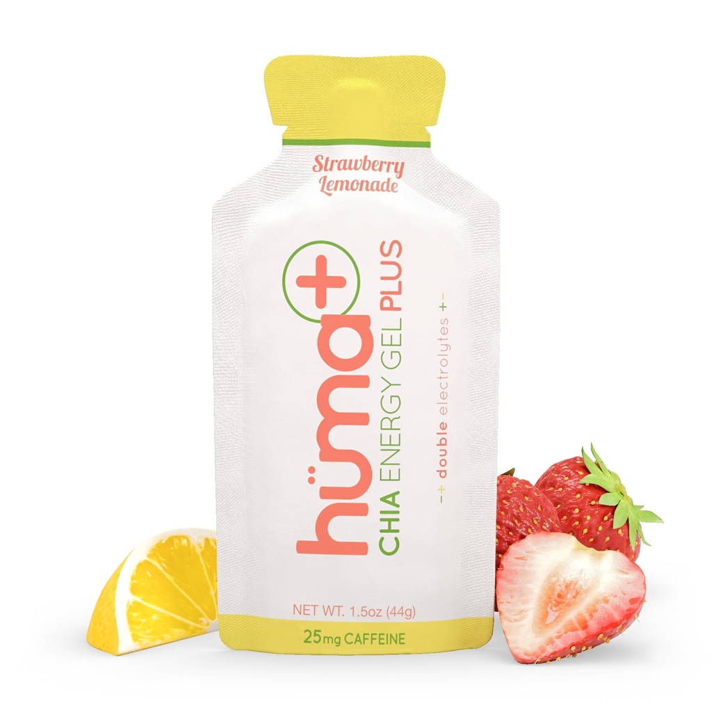 Huma Plus (διπλοί ηλεκτρολύτες) - Chia Energy Gel, Λεμονάδα φράουλα, 12 Gels, 25mg καφεΐνη - Στομάχι φιλικό, Real Food Energy Gels