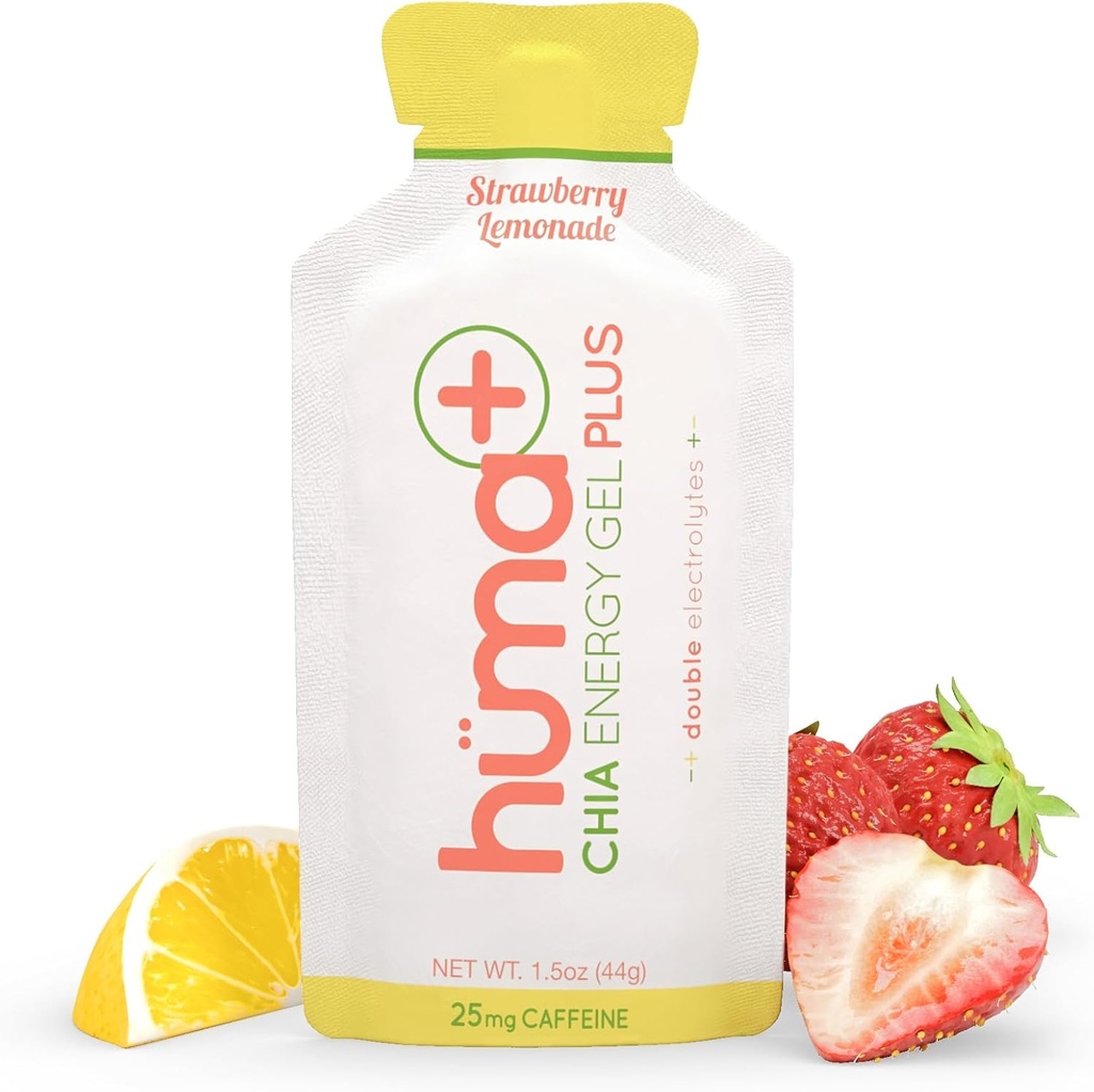 Huma Plus (Double Electrolytes) - Chia Energy Gel, Strawberry Lemonade, 12 Gels, 25mg Caffeine - Stomach Friendly, Real Food Energy Gels