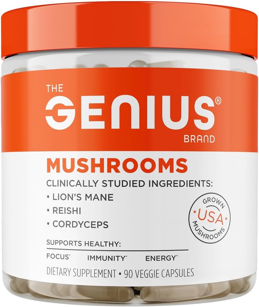 The Genius Brand Genius Mushrooms - Plant-based Supplement for Immune, Focus & Energy Support - Lion's Mane, Cordyceps & Reishi - Organic & Non-GMO - 90 Κάψουλες Veggie