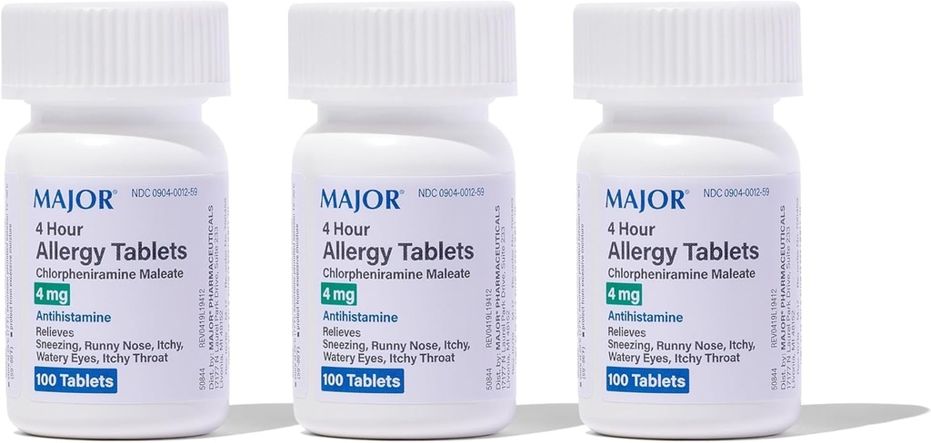 MAJOR 4 Mg Alergy Tablets - Chlorpheniramine Maleate 4- Hour Αλλεργική Ιατρική - Αντιισταμινικό για την ανακούφιση του φτάρνισμα, Ichy Watery Eyes, Ichy Lroat, και Runny Nose - 100 Count (3 Pack)