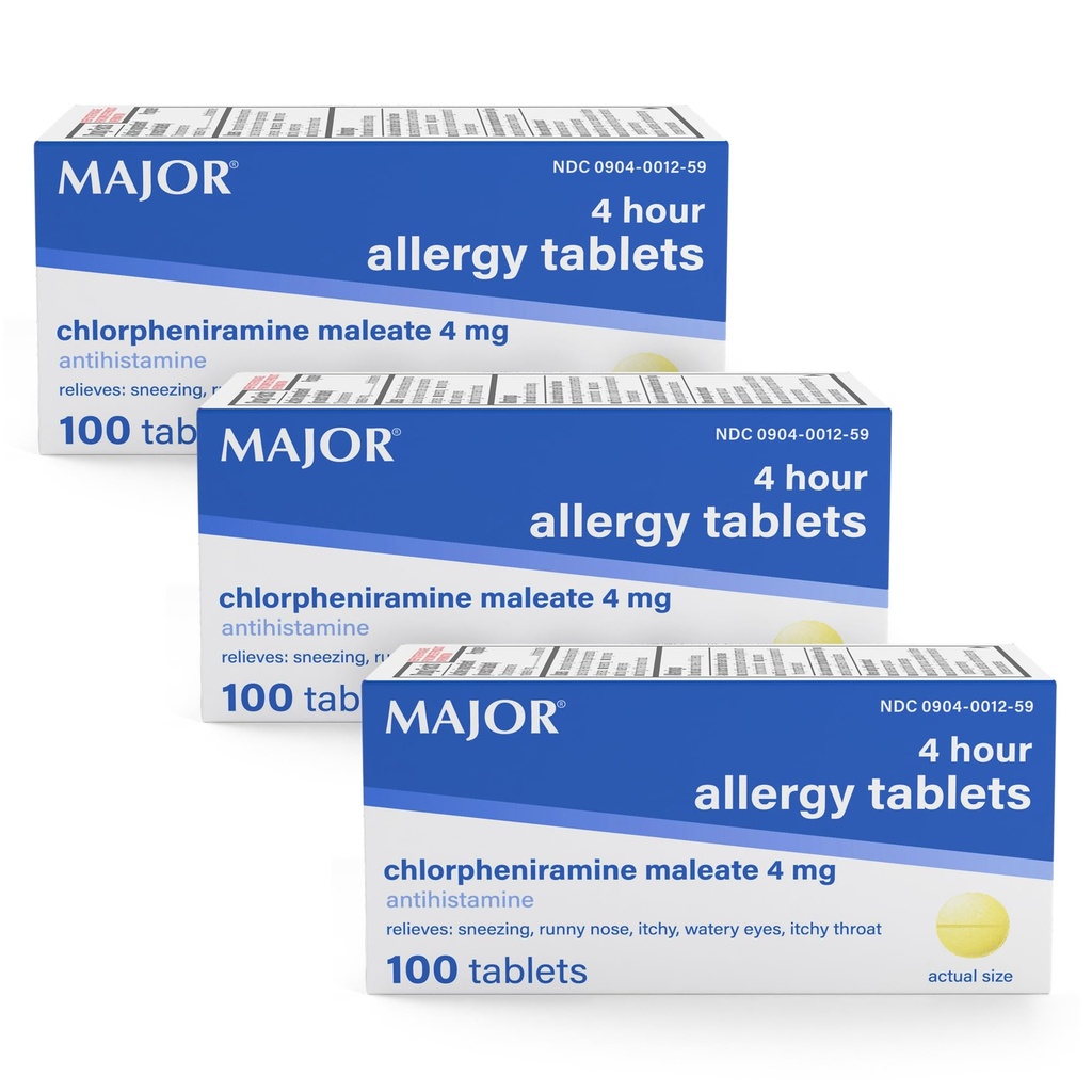 MAJOR 4 Mg Alergy Tablets - Chlorpheniramine Maleate 4- Hour Αλλεργική Ιατρική - Αντιισταμινικό για την ανακούφιση του φτάρνισμα, Ichy Watery Eyes, Ichy Lroat, και Runny Nose - 100 Count (3 Pack)